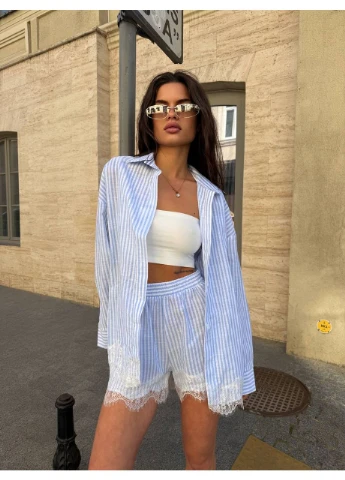 Костюм жiночий сорочка та шорти з мереживом блакитного кольору 38345 Fashion (394022938)