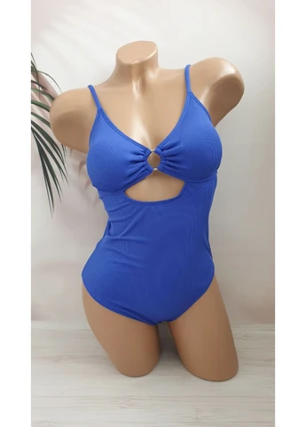 Синий летний молодежный слитный купальник в рубчик слитный No Brand