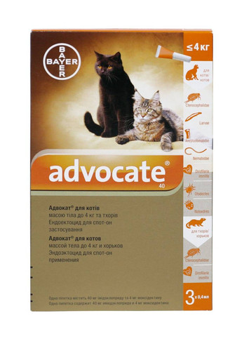 Капли Адвокат от заражений эндо и экто паразитами для котов до 4 кг 3 пипетки (4007221031963) Bayer (314836746)