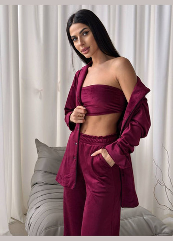 Бордовый демисезонный повседневный комплект-тройка из плюшевого материала, приятный к телу, с резинкой для волос в подарок – стильный выбор No Brand 885-1