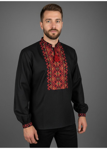 Чёрная мужская черная вышиванка гармония с красным орнаментом НоКо узор орнамент свободная, прямой хлопок (370685332)
