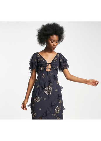 Синя преміальна темно-синя сукня максі з воланами та вишивкою edition Asos з квітковим принтом