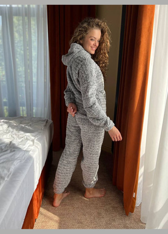 Серая зимняя женская теплая пижама тедди кофта + брюки No Brand