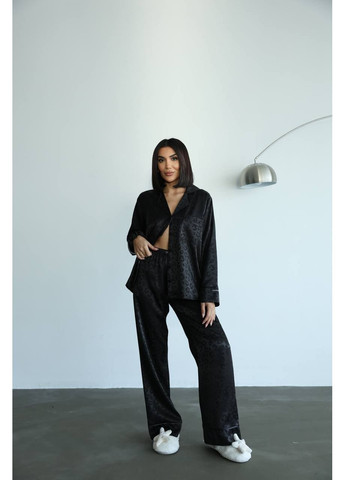 Черная всесезон женская пижама | чёрный леопард премиум рубашка + брюки Vital-Textile 1249