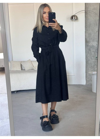 Чорна сукня міді вельвет на х/б основі,довгі рукава,з кишенями та поясом Україна