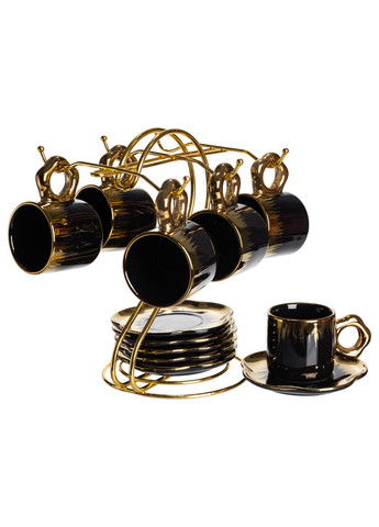 Набір для кави із порцеляни 12 предметів на 6 персон на металевій підставці, чорний Yiwu (367956254)