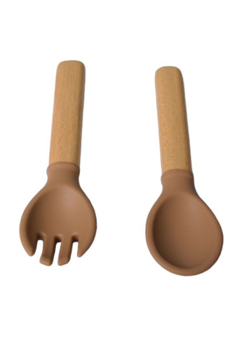 Прилади силіконові дитячі ложка та вилка з дерев'яною ручкою, brown oldbro (315819052)