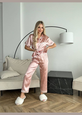 Розовая всесезон женская пижама домашний костюм рубашка + брюки No Brand