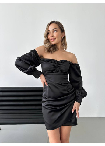 Черное вечернее платье мини с открытыми плечами черного цвета 35736 а-силуэт No Brand однотонное