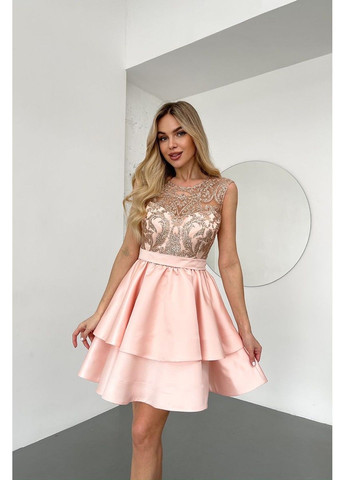 Персикова коктейльна сукня міні гліттер два волана 25019 персикова Tanita-Romario