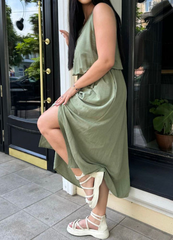 Оливковое повседневный изысканное легкое повседневное летнее меди платье без рукавов с карманами и украшенное камешками Tik-Tak с рисунком