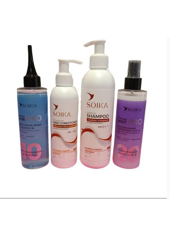 Набір для відновлення волосся 4 в 1: шампунь, бальзам, спрейтермозахист, дзеркальна вода Soika (289362365)