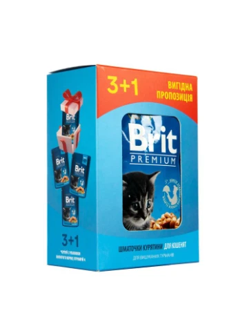 Набір паучів 3+1 Kitten Chicken Chunks для кошенят шматочки в соусі з куркою 4х100 г Brit Premium (380392314)