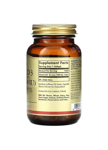 Вітамін Д3 (Vitamin D3) 25 мкг 1000 МО 100 капсул Solgar (361115024)