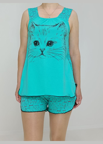 Бірюзова піжама жіноча трикотажна котики (майка + шорти) 44-46 бірюзова (52049174-1) Triko