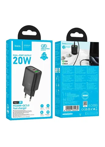 Адаптер мережевий Gentle charger N61 |1USB/1Type-C, 20W/3A, PD/QC| White Hoco (408087770)