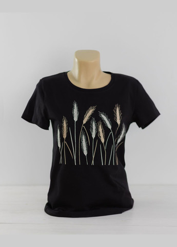 Чорна жіноча футболка вишиванка чорна xrmaster з вишивкою хлібне поле візерунок орнамент пряма трикотаж (331162802)