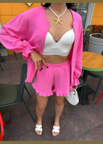 Жіночий літній мусліновий костюм костюмчик сорочка і шортики темно-бежевий No Brand (333143198)