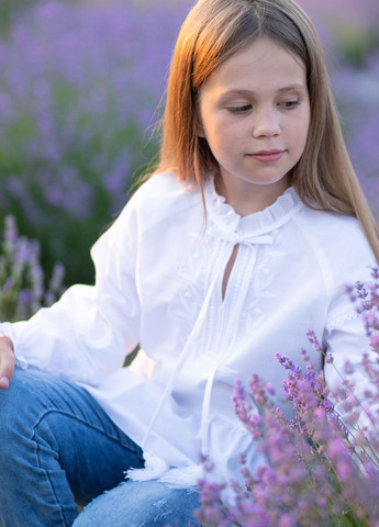 Біла блузка для дівчаток біла Едельвіка візерунок квітковий бавовна, конопляне волокно (333300481)