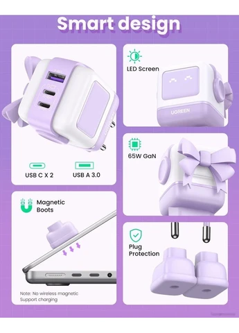 Зарядное устройство 3xUSB 65W (2xUSB-C+USB-A) Gan Robot tech Fast Charger Фиолетовый CD361 Ugreen (360401059)