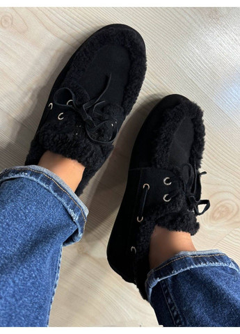 Зимние ботинки женские 992-1 замшевые мокасины на меху с опушкой черные Hengji из натуральной замши