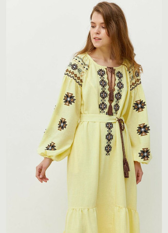 Комбинированная женское платье ярусное с вышивкой льняное желтое mkrm4077-1 Modna KAZKA (336933564)