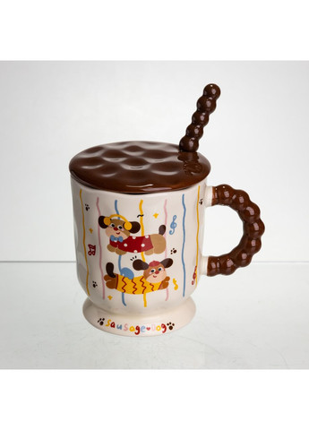 Новогодняя фарфоровая чашка "Веселая Такса" с крышкой и ложкой 400 мл, Праздничная кружка чашка для детей на подарок FM-17C Yiwu (369743513)