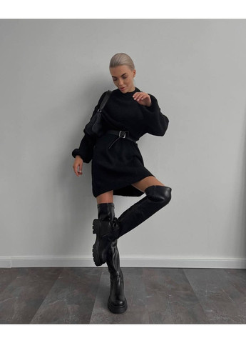 Черное ангоровое платье с поясом Fashion