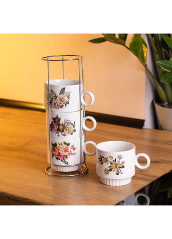 Набор чашек для чая и кофе на металлической подставке Flower 4 (шт) по 300 (мл) подарочный набор фарфоровых чашек FM-7 Yiwu (369654103)