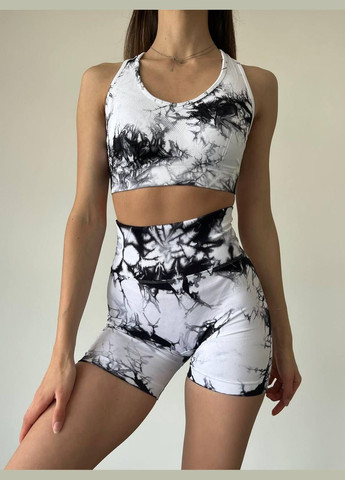 Спортивний костюм з мармуровим принтом (топ та шорти) чорно-білого кольору, розмір S Trends (330757820)