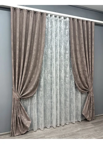 Комплект штор Жаккард Мрамор 200х270 2шт и Тюль 500х270 1669ш-1400т Какао с белым 71-008/6 VR-Textil (337647932)