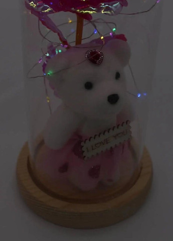 Настільна лампа нічник світильник троянда з підсвічуванням від батарейок ведмедиком у скляній колбі 21 см (476457-Prob) Рожева Unbranded (282821381)