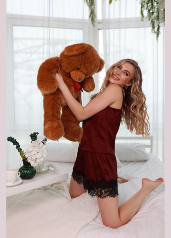 Бордовая всесезон пижама женская майка и шорты из шелка армани с кружевом бордовый Maybel