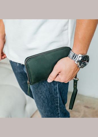 Мужской кожаный кошелек, вместительный кошелек с отделениями на молнии, Crazy Horse, зеленый No Brand (362177412)