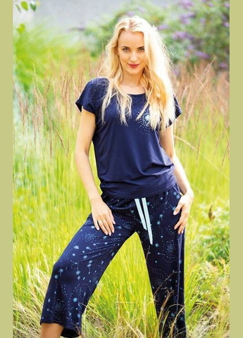 Синяя всесезон женская пижама футболка + брюки Key