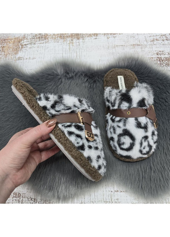 Белые тапочки женские меховые белые с леопардовым принтом с закрытым носком Jomix