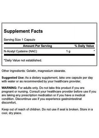 N-ацетил цистеїн N-Acetyl Cysteine (NAC) 1000 mg, 60 капсул Swanson (290667987)
