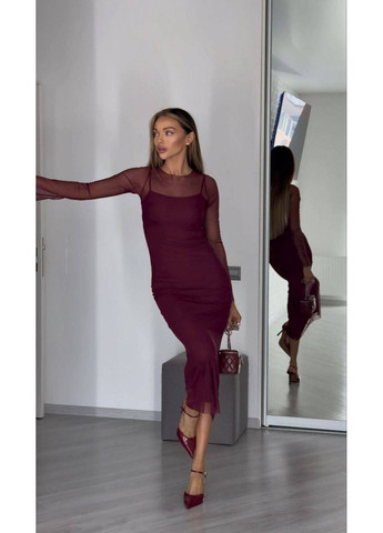 Бордовое праздничный, повседневный, коктейльное, вечернее платье стрейч подчеркивает силуэт с сеткой Nositi
