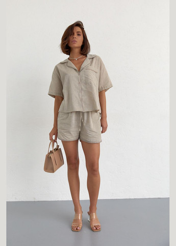 Літній костюм із шортами на зав'язках та сорочкою бежевий колір M (ClickBuy) No Brand (326741990)