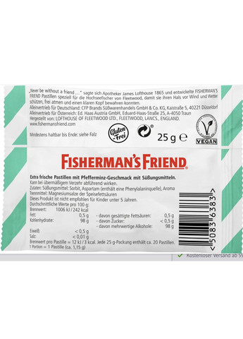 Льодяники без цукру зі смаком ментолу Fisherman's Friend Pastillen, mint, Minze, zuckerfrei, 25 g No Brand (367610562)