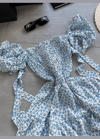 Голубое женское платье с цветочным принтом из софта No Brand с цветочным принтом