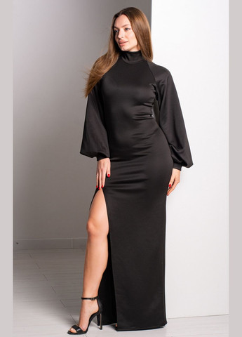 Черное коктейльное элегантное длинное платье-гольф макси с рукавом реглан и разрезом. обтягивающее, трикотажное. No Brand однотонное