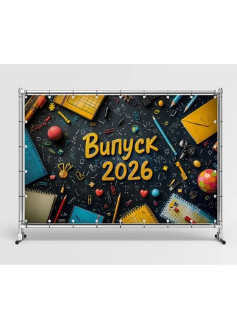 Банер фотозона Випуск 2026 шкільна дошка з канцелярією та яскравим приладдям святковий фон 180x120см, №41313 Vinylpex (360981466)
