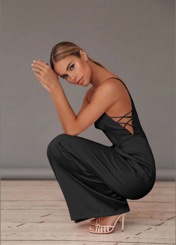 Сукня жіноча No Brand комбінезон-брюки однотонний чорний коктейльний, діловий, повсякденний, кежуал, джинсовий, вечірній атлас