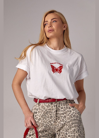 Белая летняя женская футболка oversize с принтом бабочки Lurex
