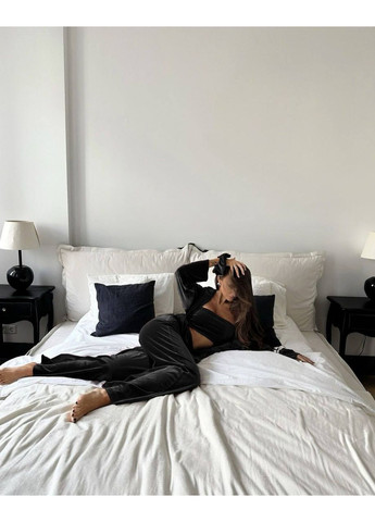 Черная всесезон домашний костюм тройка + резинка для волос 🤍 рубашка + топ + брюки GD/GL Модний простір