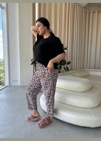 Черная всесезон стильный домашний костюм пижамка большой размер футболка + брюки Vakko