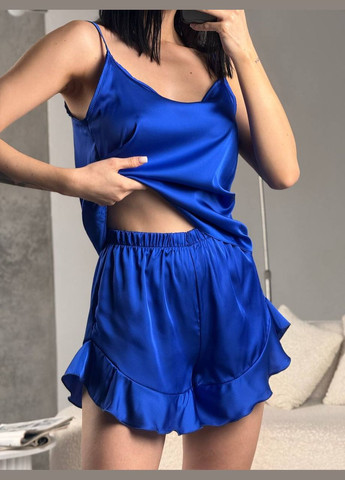 Синяя всесезон женская пижама кофта + майка + шорты + брюки No Brand