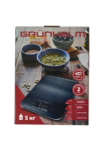 Кухонні настільні електронні ваги із сенсорним керуванням Usb до 5кг LCD-дисплей KES-045UB Чорний Grunhelm (315892797)
