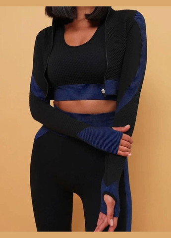 Спортивный костюм тройка (рашгард, топ и леггинсы) черного цвета с синими вставками, размер XL Trends (330757670)